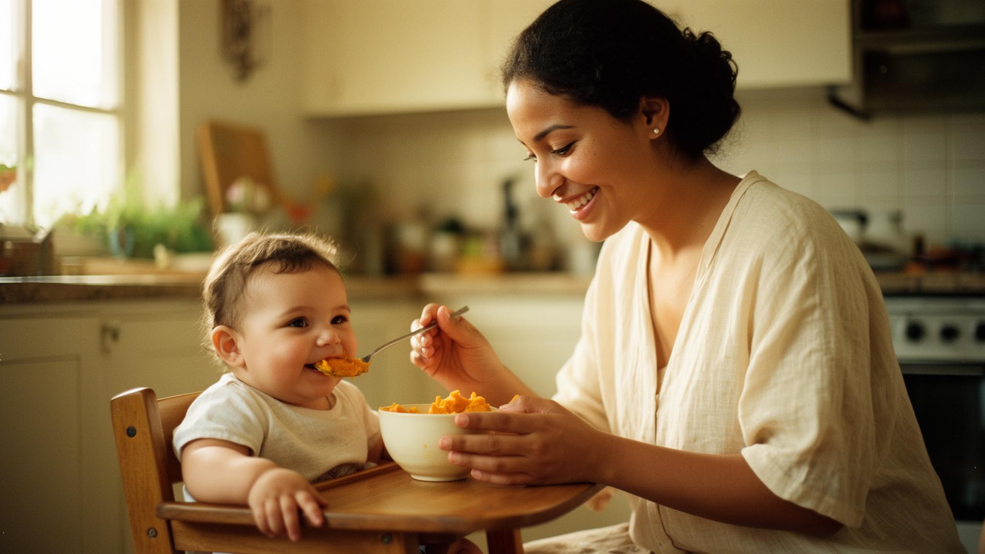 Mãe alimentando seu bebê com carinho na cozinha